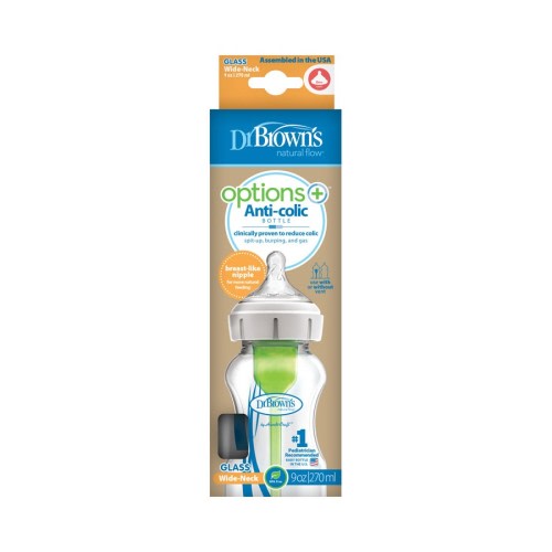 Dr. Brown’s Natural Flow® Anti-Colic Options+™ Wide-Neck Glass Baby Bottle, with Level 1 Slow Flow Nipple