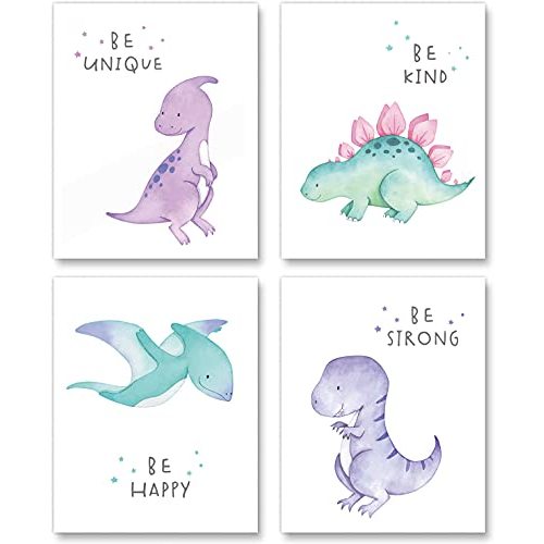 Gubrandin Watercolor Dinosaur Print Motivational Quote Wall Art Nursery Bedroom Decoration Funny Animals Poster for Boys or Girls Bedroom (8x10 inch，Set of 4，Unframed)