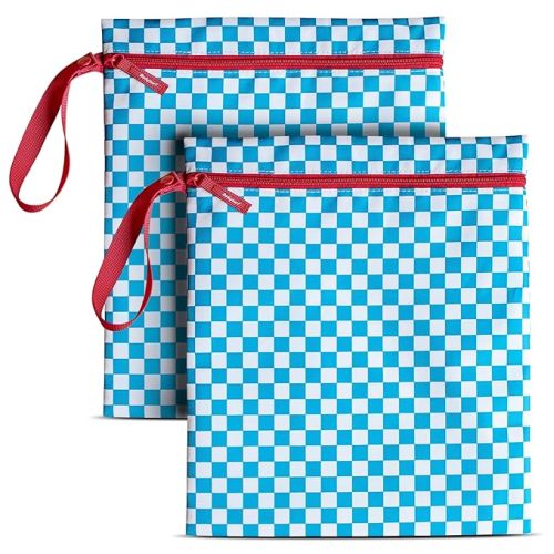 Bodysurf Wet Bags for Baby, Toddlers, Kids – 2 Pack Large Reusable Wetbag for Swimsuits, Diapers, Daycare, Gym, Laundry – Waterproof Diaper Bag Accessory & Baby Travel Essentials (Checkered, Blue)