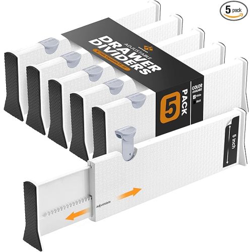 RAPTUROUS Adjustable Deep Drawer Divider – 5" Tall, Expandable 13-22", 5-Pack, Non-Slip Drawer Dividers for Clothes, Dresser, Kitchen & Office Organization (White)