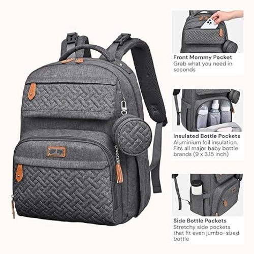 BabbleRoo Diaper Bag Backpack - Travel Large Baby Diaper Bag with Changing pad, Waterproof Baby Bags for Mom & Dad, Unisex Bags with Pacifier Case, Luggage Strap & Stroller Clips - Dark Gray