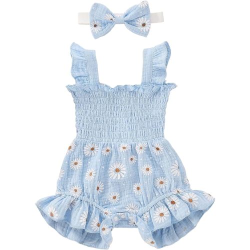 Infant Baby Girl Lace Tutu Romper Dress Halter Romper Mesh Strap Jumpsuit with Tassels Headband - Blue Floral - 6-12Months