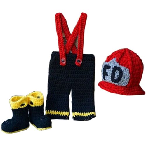Pinbo Newborn Boys Photography Prop Crochet Firefighter Fireman Hat Pants Shoes
