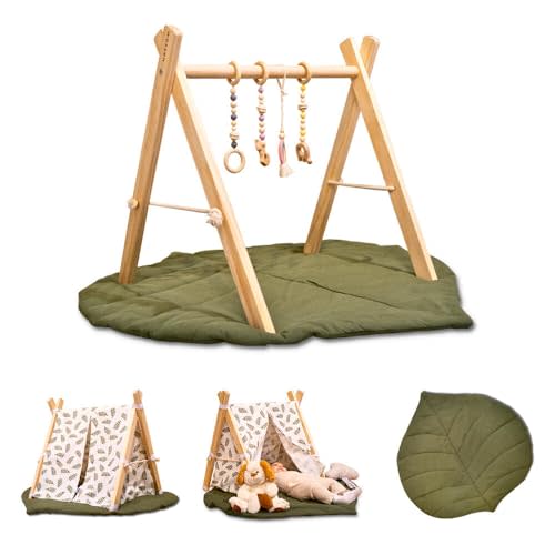 Wossen Wooden Baby Play Gym Set and PlayTent Cover, Wooden Naturel Baby Gym, Reliable Wooden Toys, Ergonomic and Multipurpose Use, Mat and Play Tent Cover, Newborn Gift for Baby Girl and Boy