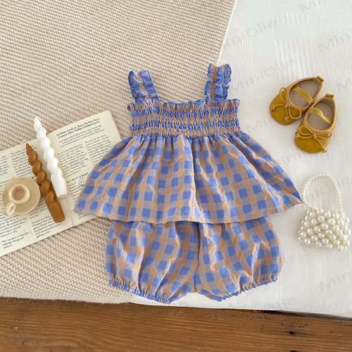 Baby Girl Purple Plaid Strap Dress and Shorts 2-piece Set