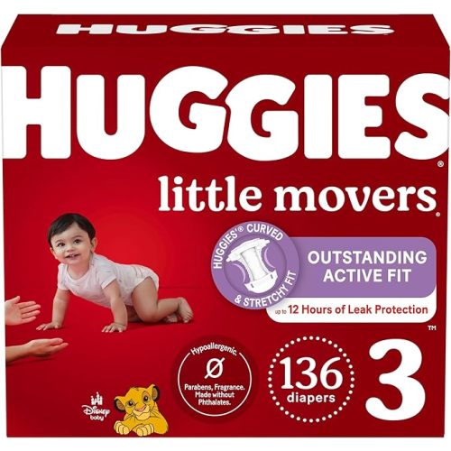Huggies Size 3 Diapers, Little Movers Baby Diapers, Size 3 (16-28 lbs), 136 Count, Packaging May Vary