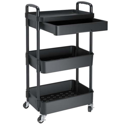 3 -Tier Rolling Utility Cart with Drawer,Multifunctional Storage Organizer with Plastic Shelf & Metal Wheels,Storage Cart for Kitchen,Bathroom,Living Room,Office Rack Adjustable