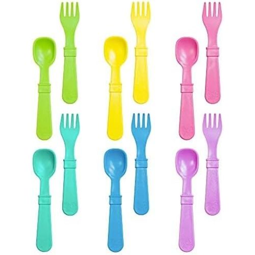 Re-Play Toddler Forks and Spoons Set - 6x6 Utensils Set for Kids - Dishwasher and Microwave Safe - Made in USA - Set of 12-5.8" x 1.2" x 0.2" - Sorbet
