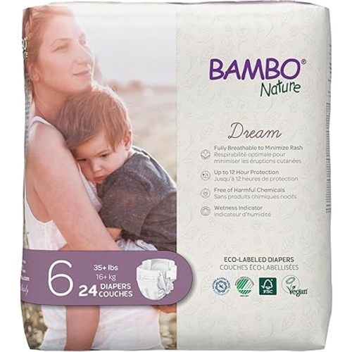 Bambo Nature Hypoallergenic Dream Baby Diapers, Eco-Labeled Sustainable Diapers, Enhanced Leakage Protection, Totally Chlorine-free, Skin Friendly, and Super Absorbent - Size 6 (24 Count)