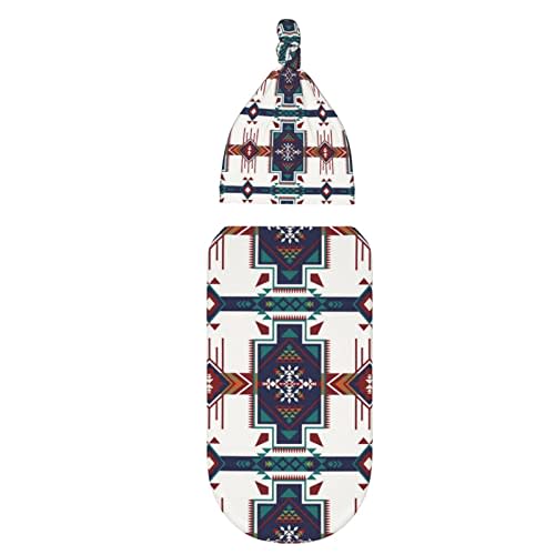 Western Aztec Baby Stuff Newborn Baby Swaddle Blanket Native Southwest Sleep Sack Wrap Blanket Soft Stretchy with Beanie Hat Sets for Infant Boy Girl Gifts