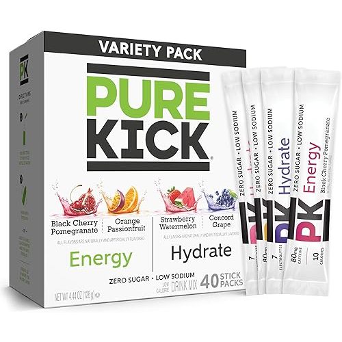 PURE KICK Energy and Hydrate Singles To Go Drink Mix Variety Pack, Black cherry Pomegranate, Orange Passion Fruit, Strawberry watermelon and Concord Grape, 40 Count (Pack - 1)