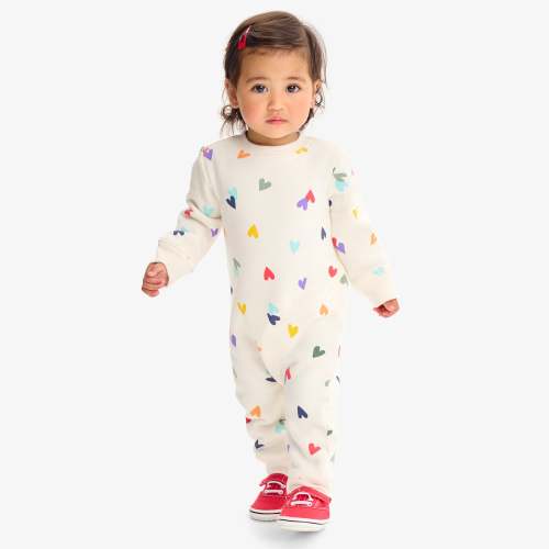 Baby cozy fleece sweatshirt romper in rainbow confetti hearts | Primary.com