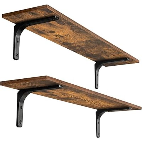DINZI LVJ Long Wall Shelves 31.5 Inch Wall Mounted Shelves Set of 2 with Sturdy Metal Brackets, Rustic Brown