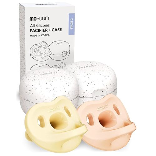Moyuum Silicone Macaron Pacifier | Made in Korea, BPA Free One-Piece Design Baby Soother, Soft Orthodontic Shape with Air Holes, 2 Pack with Travel Case, Babies 3-6 Months (Yellow + Pink, Stage 2)