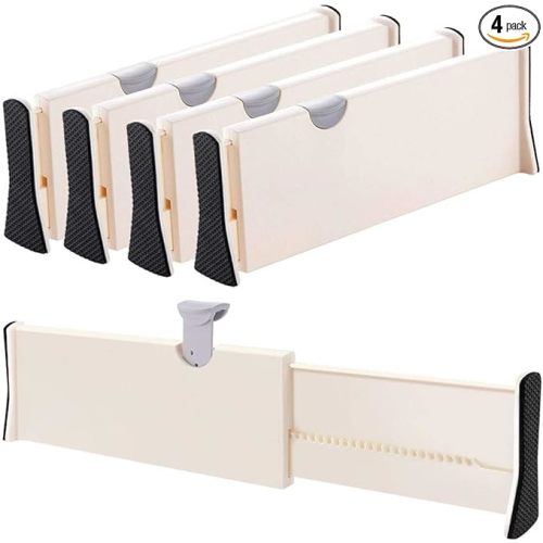 Drawer Dividers Organizer 4 Pack, Adjustable Separators 4" High Expandable from 11-17" for Bedroom, Bathroom, Closet,Clothing, Office, Kitchen Storage, Strong Secure Hold, Foam Ends, Locks in Place