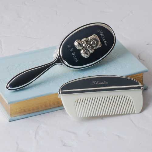 Engraved Teddy Bear Brush, Personalised Silver Brush and Comb Set, New Baby Gift, Personalised Bear Brush, Engraved Christening Gift