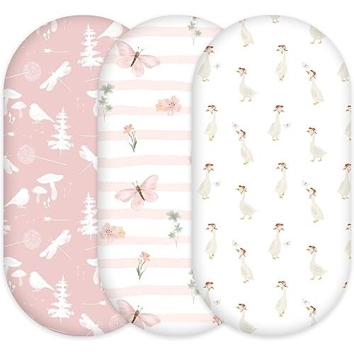 Bassinet Sheets 4 Pack, Breathable Cozy Fitted Mattress Sheet, Elastic Travel Crib Fashionable Pink Butterfly Pattern, Standard Cradle Safe Sheets for Baby Boys Girls 32"x16"