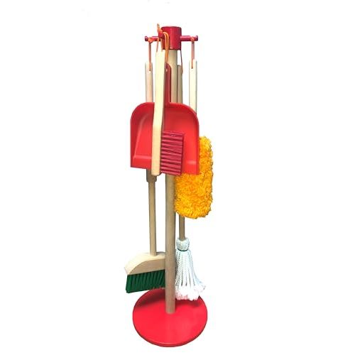 JustForKids Kids Cleaning Set, 6 Pieces - Wooden Pretend-Play Housekeeping Toy with Broom, Mop, Brush, Duster, Dustpan & Hanging Stand, STEM Learning Toy for Toddlers & Kids, Boys & Girls, Multicolor