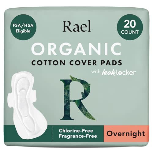 Rael Pads for Women, Organic Cotton Cover - Period Pads with Wings, Feminine Care, Sanitary Napkins, Heavy Absorbency, Unscented, Ultra Thin (Overnight, 20 Count)
