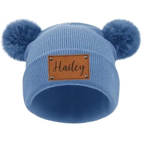 Personalized Baby Pom Pom Beanie Hat,Custom Newborn Name Beanie Knitted Hat, Winter Gift for Infant Kids Toddler
