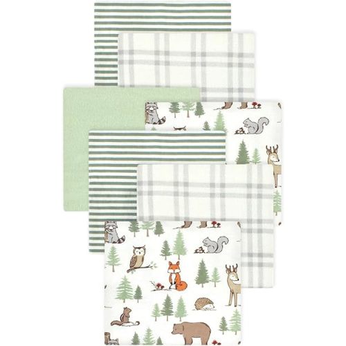 Little Treasure Hudson Baby Cotton Poly Flannel Receiving Blankets Multipack, Green Forest Animals, 30x30 inches