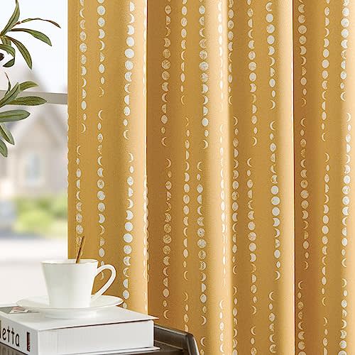 jinchan 95% Blackout Boho Curtains 63 Inch Length Moon Phases Printed Drapes Rod Pocket Thermal Insulated Curtains for Bedroom Nursery Mustard Yellow Window Drapes Curtain Set 2 Panels