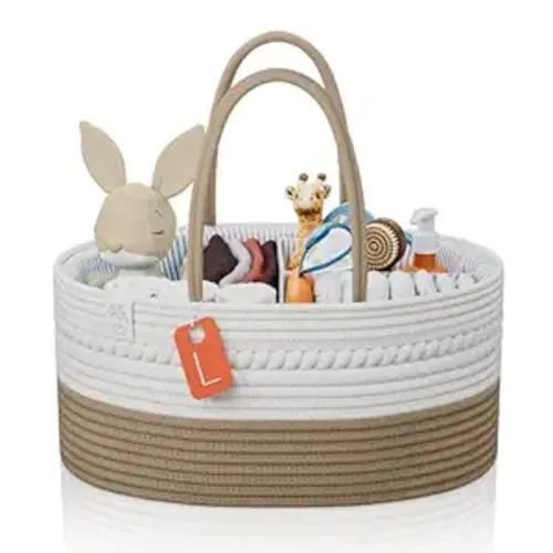 KiddyCare Woven Diaper Caddy Organizer, Large Gray Multi Functional Portable Baby Basket with Handle, Baby Gift for Boy/Girl Nursery Storage, Organization, and Modern Car Diaper Caddy Natural Large