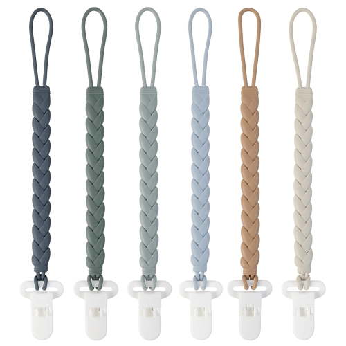 BESTSKY 6-Pack Silicone Pacifier Clips with a Woven Rope Shape for Baby Boys and Girls-Flexible and Rust-Free Holders for Teething Relief and Baby Essentials,Safe for Newborns(Grey)