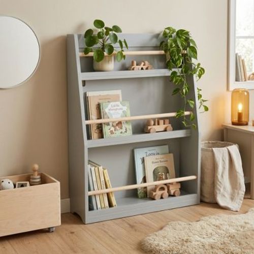 3‑Tier Kids Front‑Facing Bookshelf, Toddler Book Display Rack with Wooden Anti‑Fall Rails, Children Book Organizer for Playroom Nursery Bedroom, Gray