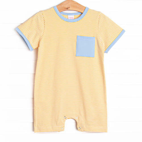Evan Short Romper, Light Blue and Yellow Stripe – Stitchy Fish