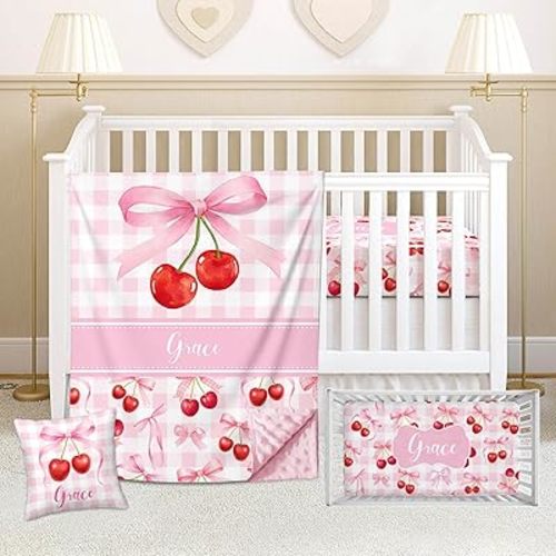Personalized Pink Bow and Cherry Crib Bedding Set for Girls – Custom Baby Name 3 Pcs Nursery Set with Mink Blanket, Fitted Sheet & Pillowcase, Toddler Infant Baby Bedding