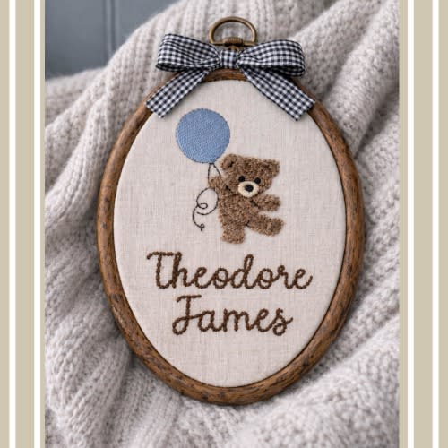 Baby name sign embroidered with teddy bear and balloon, baby name reveal sign heirloom, nursery wall decor personalized