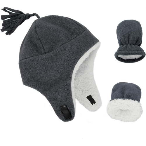 Zando Toddler Winter Hats and Gloves Sets for Boys Warm Polar Fleece Earflap for Boy Beanie Hat Grey Dark B 2-12 Months