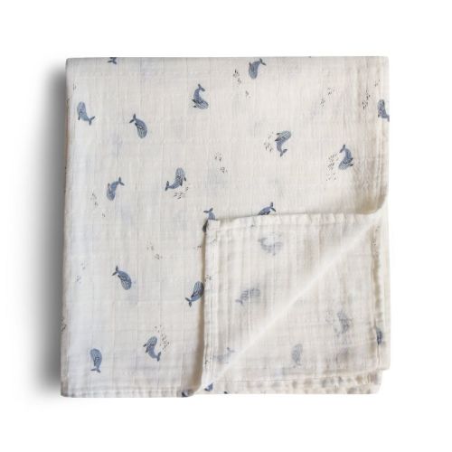 Organic Cotton Muslin Swaddle Blanket Whales One Size