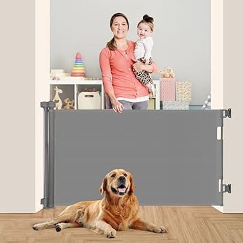 Upgrade 59" Retractable Baby Gates for Stairs, Retractable Dog Gate 34" Tall, Extends to 59" Wide, 5 Foot Retractable Baby Gate, Retractable Gate for Doorways, Hallways, Indoor/Outdoor(Gray)