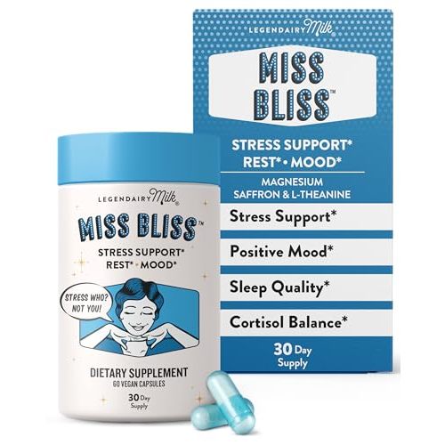 Legendairy Milk Miss Bliss™ Stress Support for Women – Stress Relief Supplement with affron® Saffron, Magnesium Glycinate + Citrate & L-Theanine – Calm & Mood Balance, Non-Drowsy, 60 Vegan Capsules
