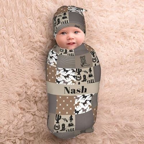 Personalized Baby Swaddle Blanket with Hat – Personalized Name Receiving Blanket Set for Newborn Boys – Soft Infant Gift Wrap (Cowboy Western)