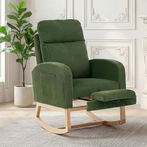 GarveeLife Nursery Rocking Chair,300lb Glider Chair with Solid Wood Legs/Two Side Pockets,Corduroy Upholstered Glider Rocker with Footrest High Backrest for Living Room/Bedroom/Nursery
