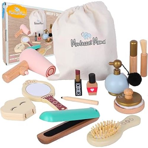 Montessori Mama Makeup and Salon Set - Wooden Pretend Play Beauty Play Makeup Kit with Styling Tools and Cosmetics - Pretend Makeup for Toddlers for 4 Year Old Girl