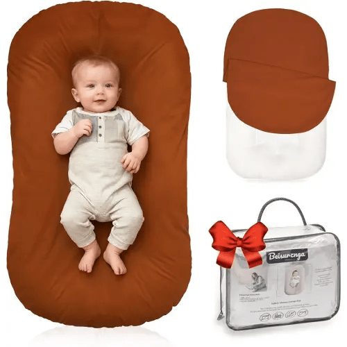 Baby Lounger for Newborn - Snuggle Cozy Me Lounger | Breathable Soft Cotton, 0-24 Months Portable Playtime Baby Nest, Newborn Baby Essentials Gifts- Orange (1 Lounger + 1 Cover)