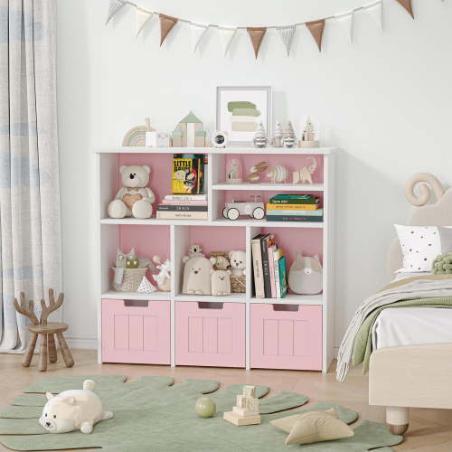 Kids Toy Storage Organizer with 3 Movable Drawers and 6 Storage Cubbies for Living Room, Playroom, Nursery, Bedroom, White and Pink