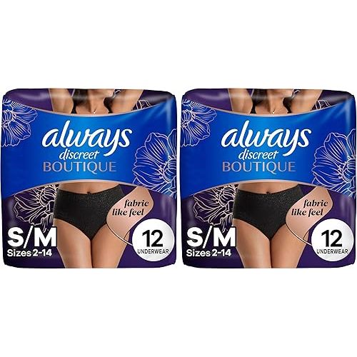 Always Discreet Boutique Low-Rise Postpartum Incontinence Underwear Size S/M Maximum Absorbency, Up to 100% Leak Protection, Black, 12 Count (Pack of 2)