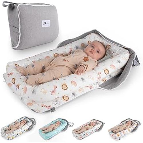 Joyful Journeys Baby Lounger - 2 in 1 Infant Lounger Baby Nest/Diaper Organizer - 100% Cotton Lounger Pillow - Portable Baby Lounger Travel Bed - Newborn Essential - 0-18 Months (Pink Zoo Animals)