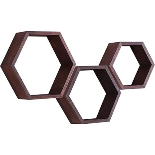 PHOENANCEE Hexagon Floating Shelves,Honeycomb Shelf Set of 3,Wood Farmhouse Hexagonal Decor Wall Storage for Living Room Bedroom Kitchen Office(Walnut)