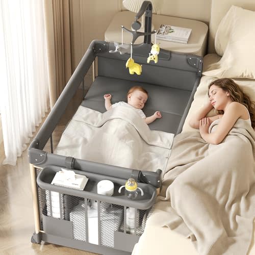4-in-1 Pack and Play with Bassinet, Bedside Sleeper, Playard, and Changing Table, Folding Travel Crib with Musical Toy Rack & Bag, 4-Level Height Adjust, Newborn to Toddler（Ivy Gray）