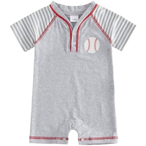 Honganda Baby Boy Baseball Jumpsuit Striped Raglan Sleeve V Neck Baseball Romper Newborn Infant Boy Summer Outfit