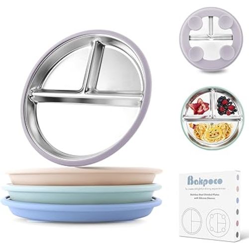 Stainless Steel Toddler Plate with Suction, 8” Divided Plates with Removable Silicone Sleeves for Baby, Non Toxic Unbreakable Kids Snack Dishes Set of 4, Sage Blue Beige Lilac