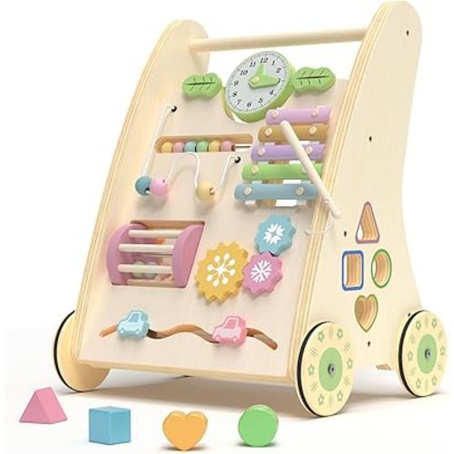 Wooden Baby Walker,Adjustable Speed Push Walker with Wheels and Learning Activity Center,Montessori Walker for Babies 12 Months,Baby Walker Push Toys for Baby Boys and Girls Gifts (Natural)