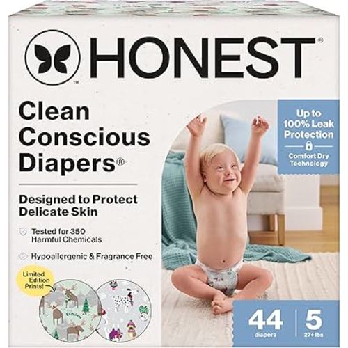 The Honest Company Clean Conscious Diapers for Delicate Skin | Up to 100% Leakproof | Hypoallergenic, Fragrance Free | Winter '25 Limited Edition Prints | Club Box, Size 5 (27+ lbs), 44 Count