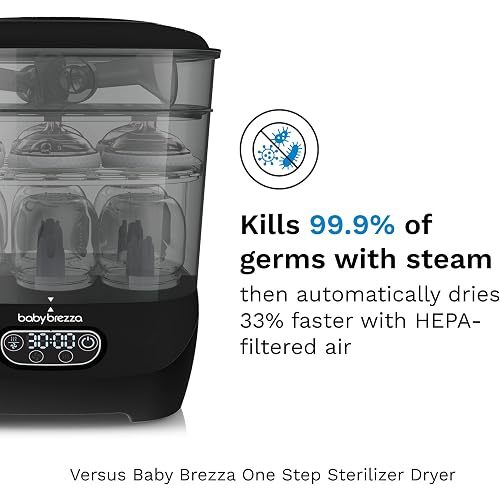 Baby Brezza Bottle Sterilizer and Dryer Advanced – 33% Faster - Largest Capacity Steam Sanitizer - Universal Sterilization Machine for All Bottles + Pump Parts - HEPA Air Filter, Black